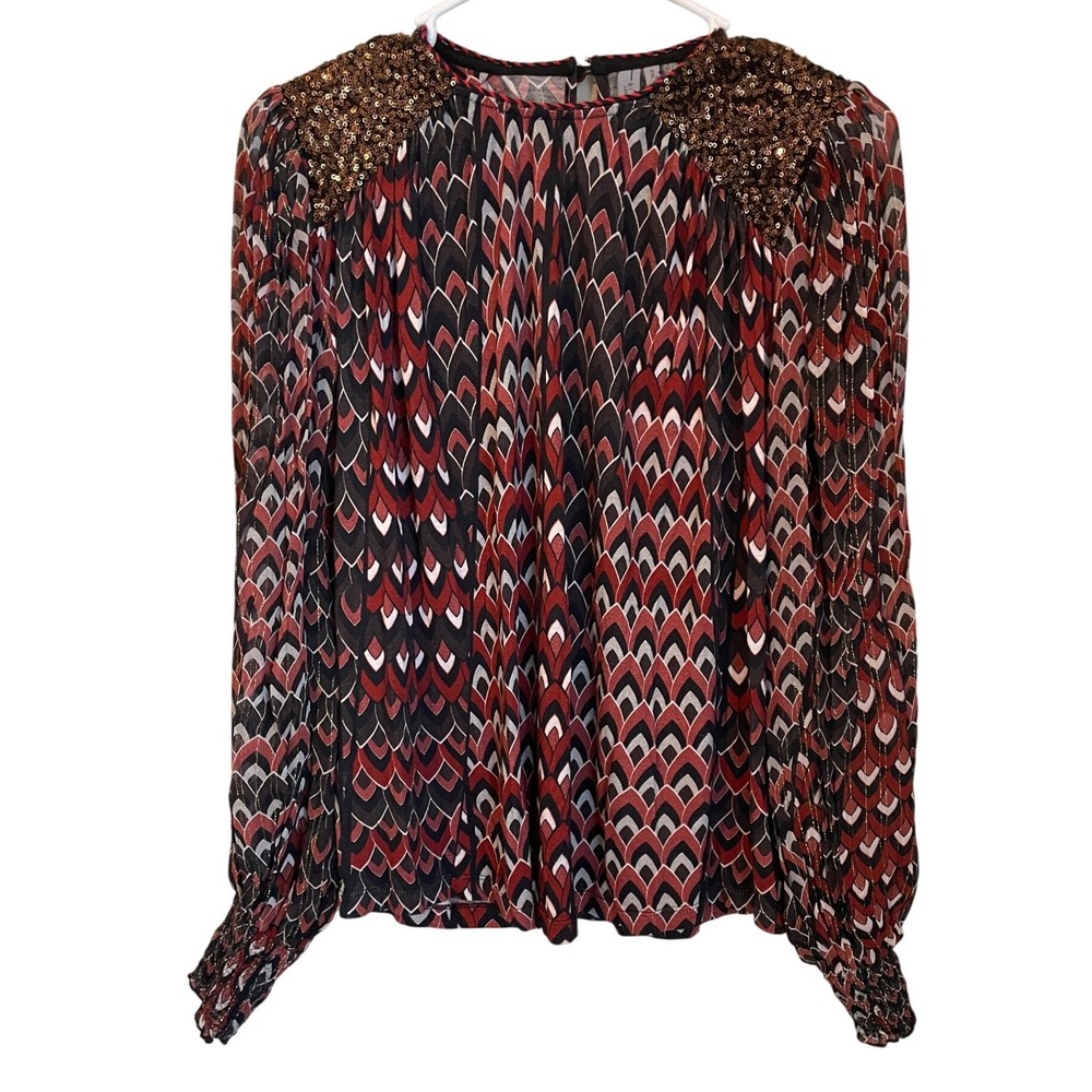 Blank London Anthropologie XS Sequin Shoulder Geometric Blouse Top Red Black